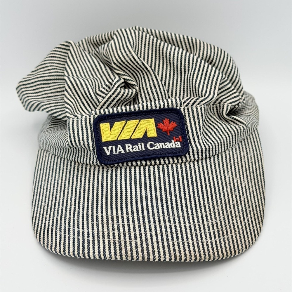 The Tops Hat Mens OS Blue Fair VIA Rail Canada Striped Denim Snapback Cap